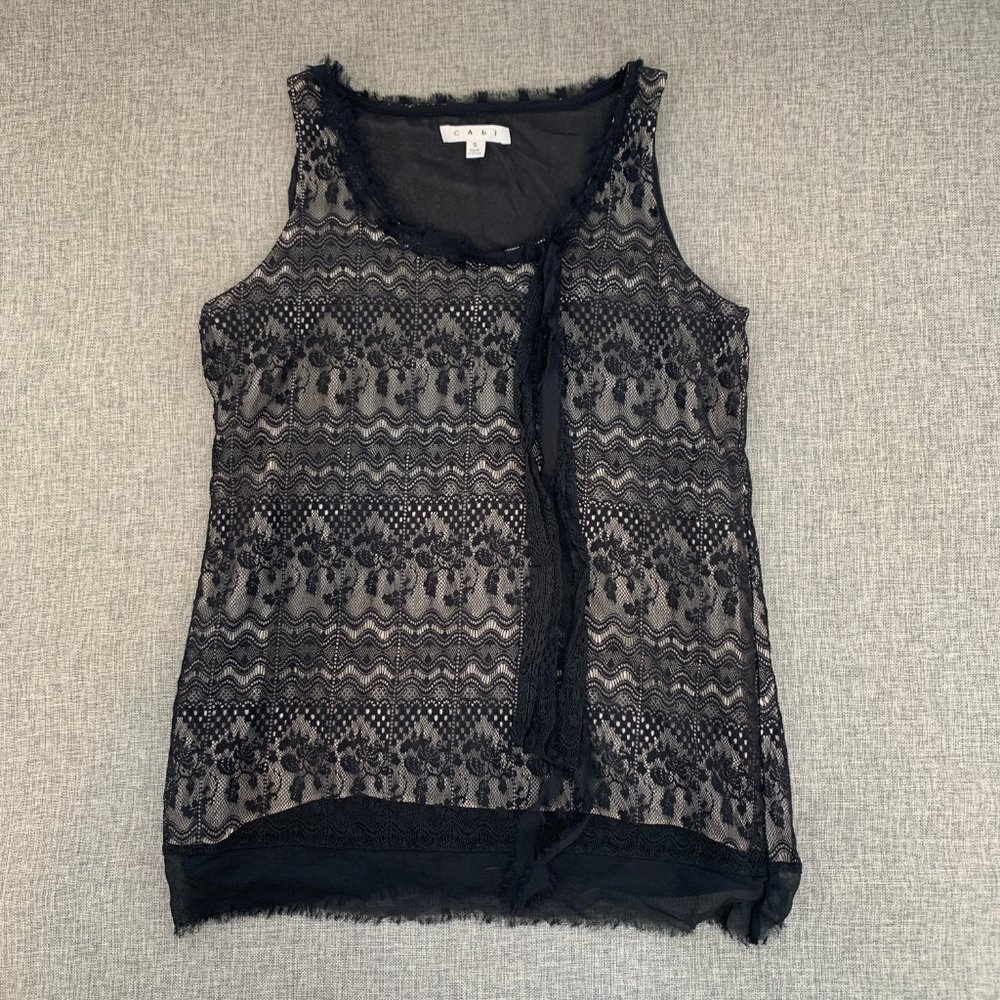 Cabi Black Elegant Overlay Lace Blouse Sleeveless Small Nylon Polyester Top